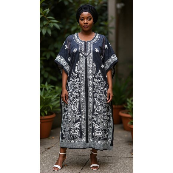 Gypsie Blu Dresses & Skirts - Women Plus Size Fit and Flare Paisley Printed Black Kaftan Dress by Gypsie Blu